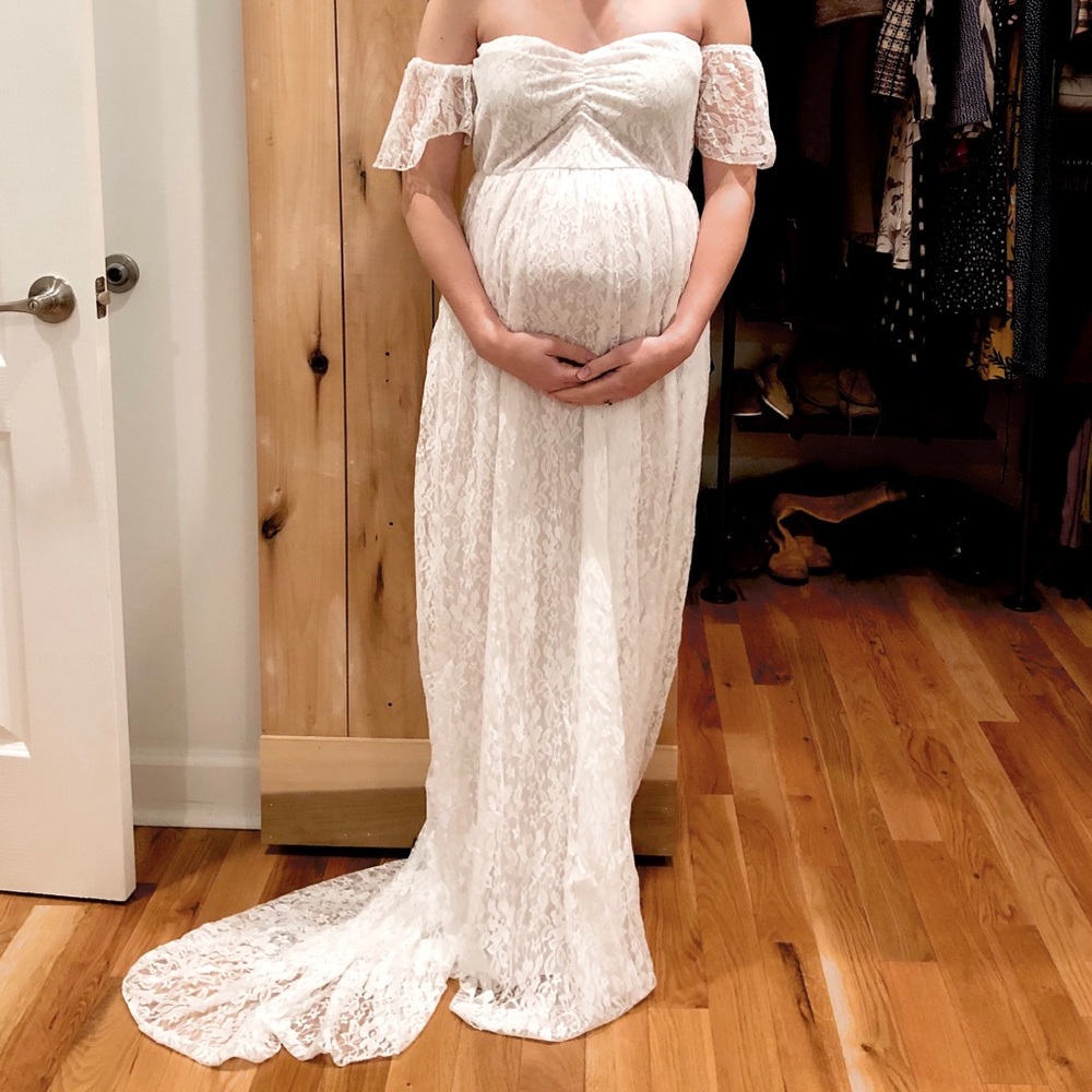 White Lace Off the Shoulder Maternity Gown